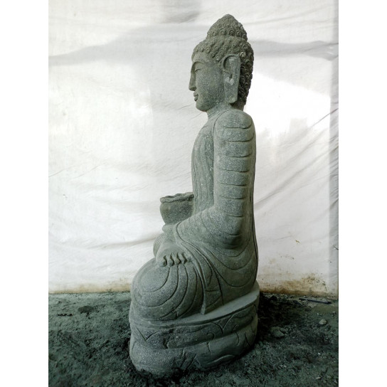 Statue jardin zen bouddha assis pierre volcanique bol à offrande 120cm
