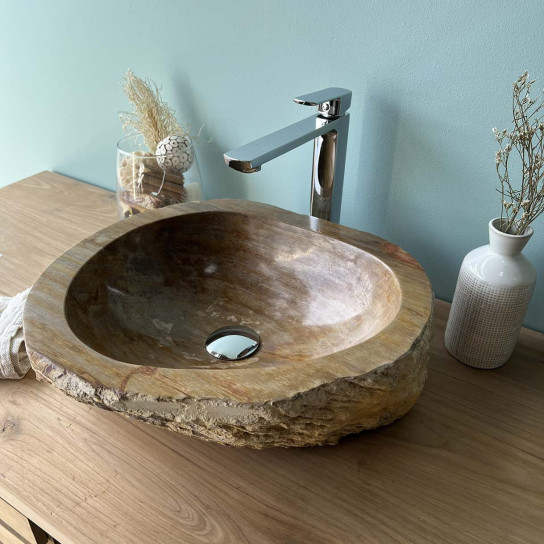 Lavabo de salle de bain en bois pétrifié fossilisé marron beige